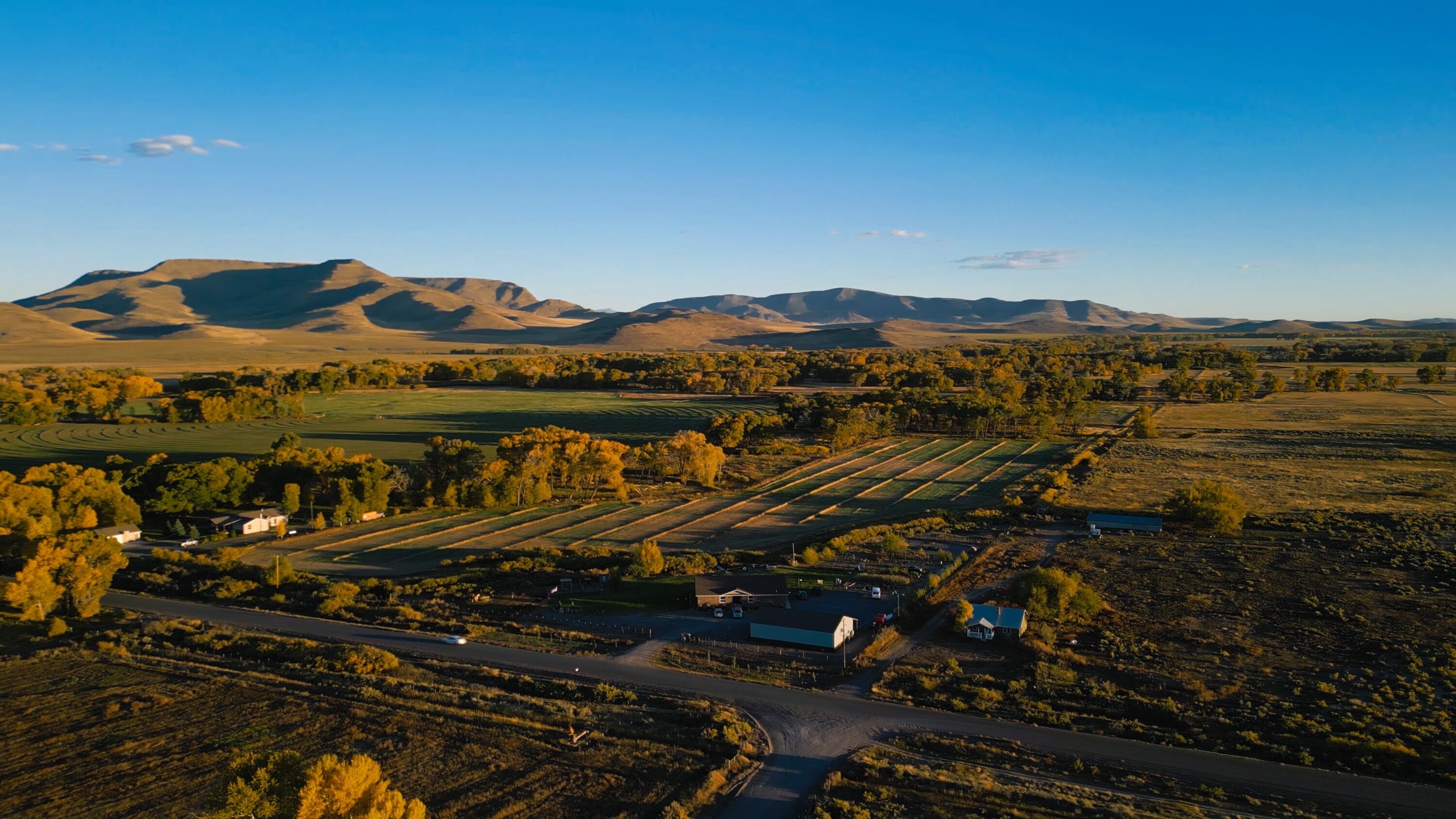 Aerial view of farmland and mountains at sunset